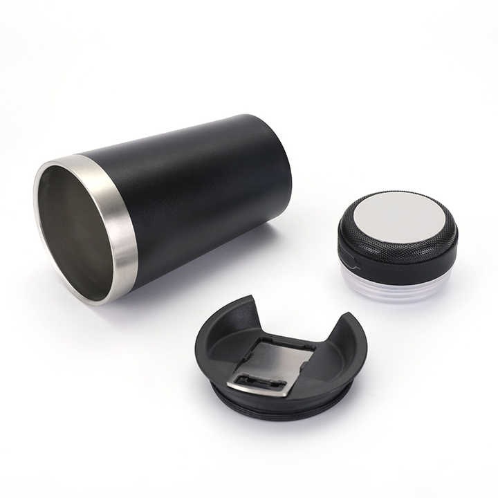 Cana tip termos, capacitate 500 ml, cu boxa bluetooth incorporata, capac cu deschizator sticle, incarcare USB, negru