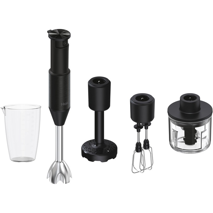 Пасатор Haier HHB5B5 011, 1000 W, Чаша 800 мл, Чопър 500 мл, Променливо управление, Импулсна функция, Подвижни остриета, Черен