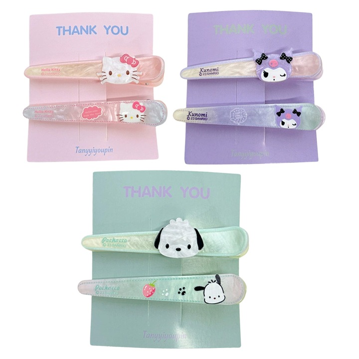 6 darabos hajcsat készlet, kapcsos típusú, különböző mintákkal és színekkel, cica, kutya és karakter, hajcsatok kislányoknak, Műanyag/ABS, Rózsaszín/Zöld/Lila, 8x1.5 cm