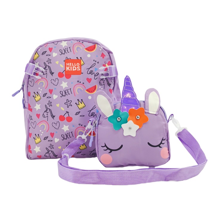 Óvodai hátizsák és válltáska készlet, ZY-2411, lila, 34 x 27 x 12 cm