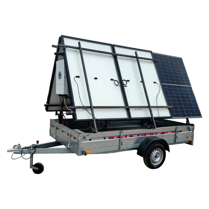Remorca solara generator fotovoltaic mobil off-grid, 10 x panouri Canadian Solar 455W/460W, 1 x Inverter Deye 6 kw, stocare 5 kw LiFePO4, panouri solare monocristaline
