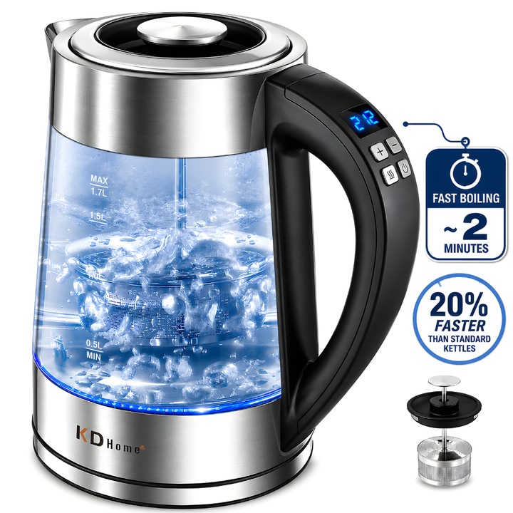 Fierbator Electric KD Home® SteamMate, Cu Infuzor Ceai, Capacitate 1.7L, Putere Max 2500W, Panou Digital, Temperatura Ajustabila, Fierbere Ultra Rapida, Capac Individual, Inchidere Automata, Protectie Fierbere Uscat, Functie "Tine Cald", Fara BPA