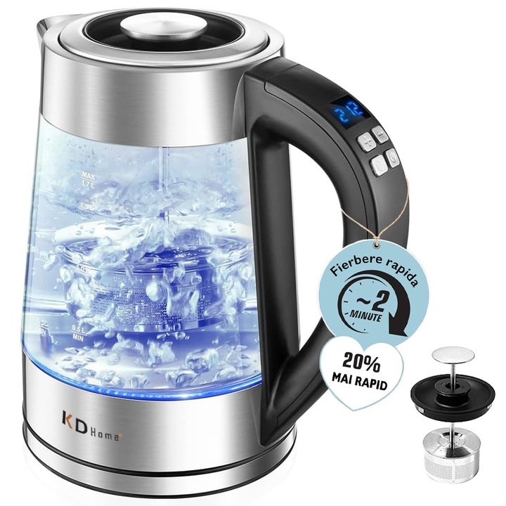 Fierbator Electric KD Home® SteamMate, Cu Infuzor Ceai, Capacitate 1.7L, Putere Max 2500W, Panou Digital, Temperatura Ajustabila, Fierbere Ultra Rapida, Capac Individual, Inchidere Automata, Protectie Fierbere Uscat, Functie "Tine Cald", Fara BPA