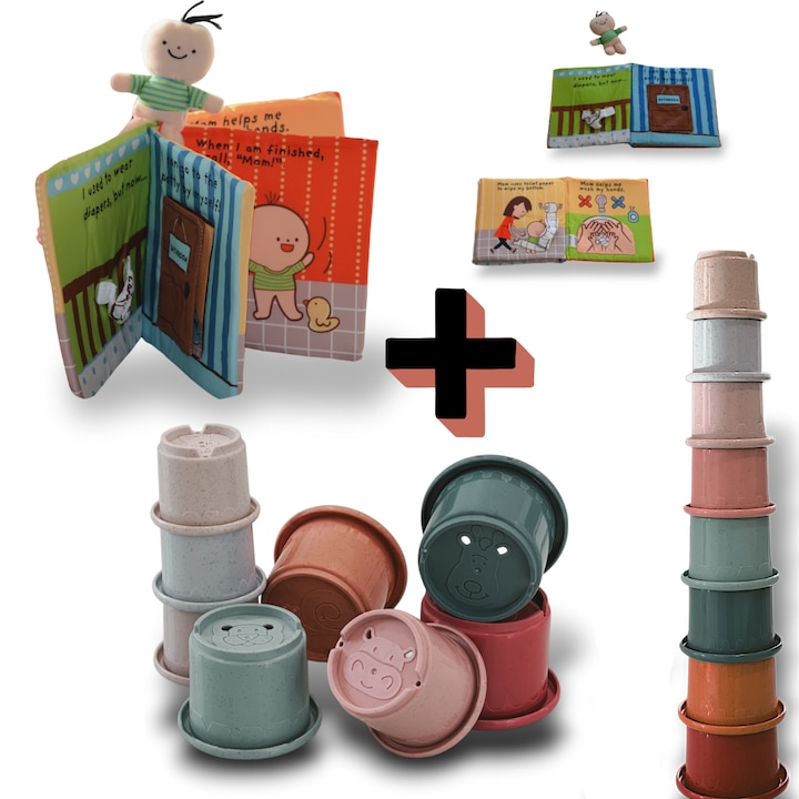 Образователна бебешка играчка Lucknel® Montessori - Интерактивна текстилна книжка за приучване към гърне и миене на ръцете и комплект чаши от 8 части в различни размери - играчка за баня и плаж за възраст над 6 месеца
