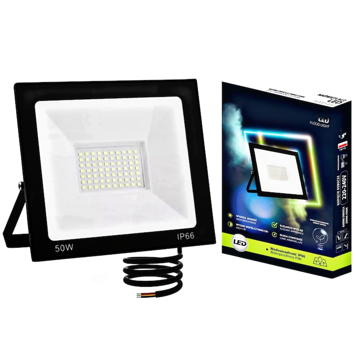 DIGIMAT® LED прожектор, 50W, 5000 LM, студена бяла светлина 6500 K, халоген, рефлектор, без датчик за движение, IP66 защита от атмосферни влияния, мрежово захранване, 16.5x12x3 cm