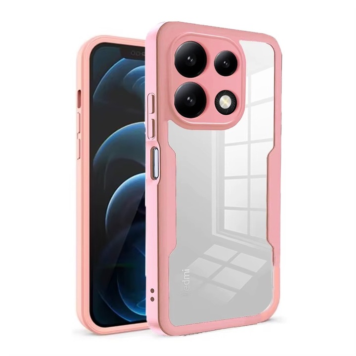 360 градусов калъф, съвместим с Xiaomi Poco F6 Pro, с включен протектор за екрана, удароустойчив, против пожълтяване, против надраскване, издръжлив, 3 mm повдигнати ръбове, розов/прозрачен