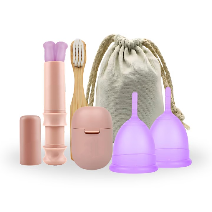 Menstruációs csésze, bio, ökológiai, szilikon, orvosi, BPA mentes, nem szivárog, L-es méret, átmérő 45 mm, űrtartalom 35 ml, csésze applikátor, utazósapka és tisztítókefe, lila