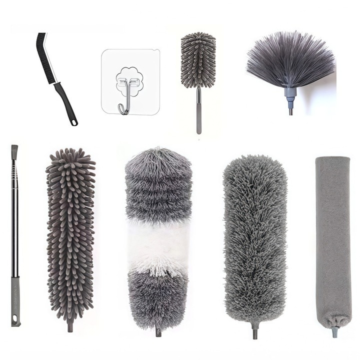 Set de curatare 9 piese, matura telescopica, perie pentru crapaturi, carlig adeziv, maner din aluminiu extensibil 280 cm, gri, Potrivit pentru curatarea prafului din tavane, candelabre, aparate de aer conditionat, goluri etc