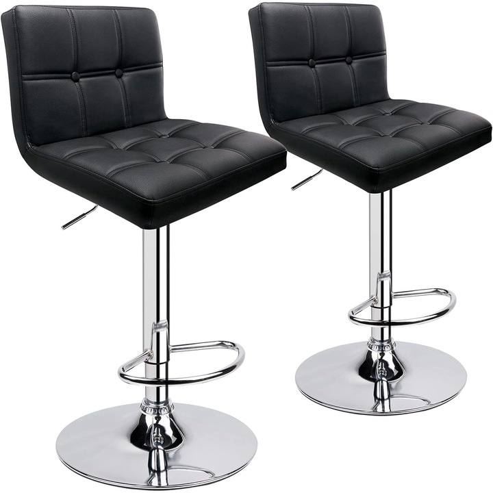 Set de 2 Scaune bar Leader Accessories, reglabile, piele PU, cusatura dubla, spatar patrat, negre
