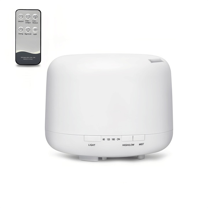 Többfunkciós aromaterápiás párásító, 500ml, távirányítóval, 7 színű éjszakai lámpákkal, fehér, hangtalan, Bluetooth-os