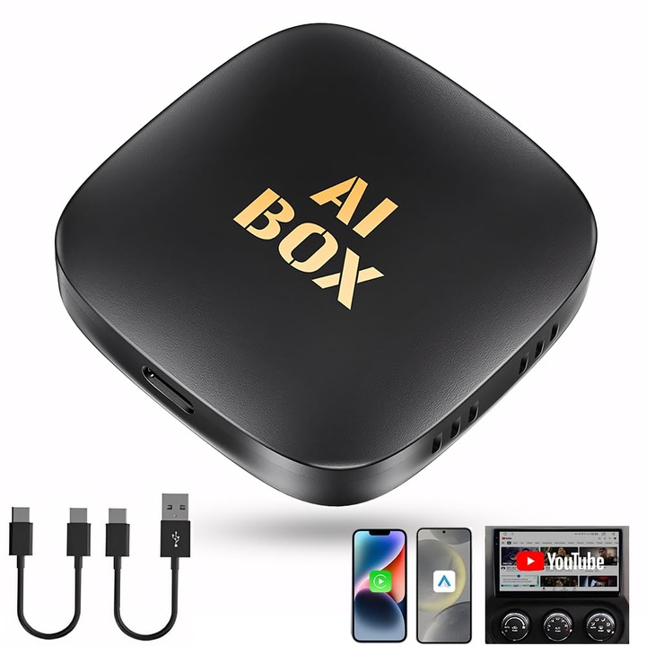 Adaptor wireless CarPlay si Android Auto, WALALLA, 2GB RAM, 32GB, Negru/Auriu, pentru masini cu CarPlay cu fir