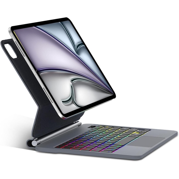 Husa cu Tastatura Germana QWERTZ, magnetica, pentru iPad Air 11 2024, iPad Pro 11 4th si 3rd Gen, SENGBIRCH, Gri