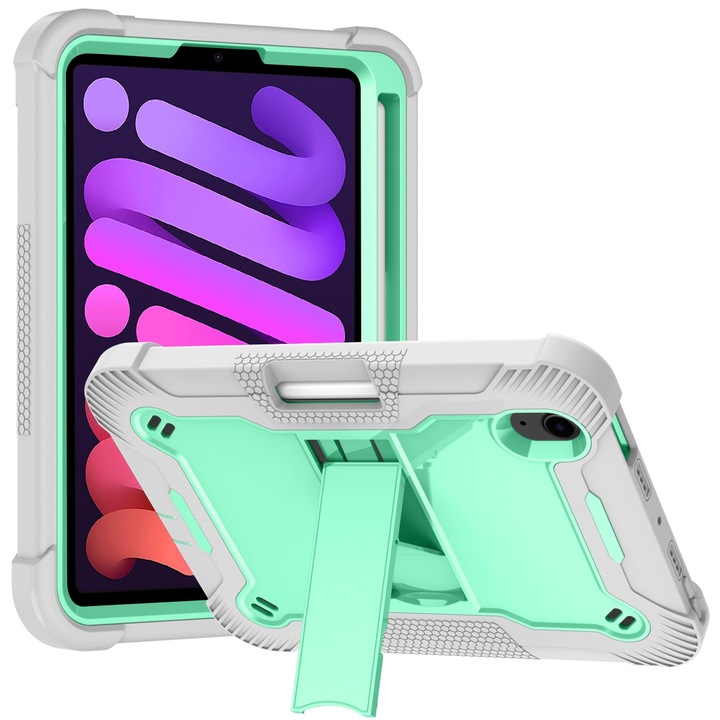 Husa tableta compatibila cu iPad Mini 6, Shockproof, Suport reglabil, Gripp, Verde + Gri
