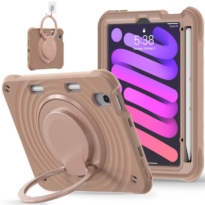 Husa tableta compatibila cu iPad Mini 6, Suport rotativ, Hybrid Silicone/PC, Maro deschis