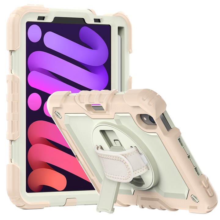 Husa tableta compatibila cu iPad Mini 6, Shockproof, Suport reglabil, Slot stilou, Bej + Auriu roz