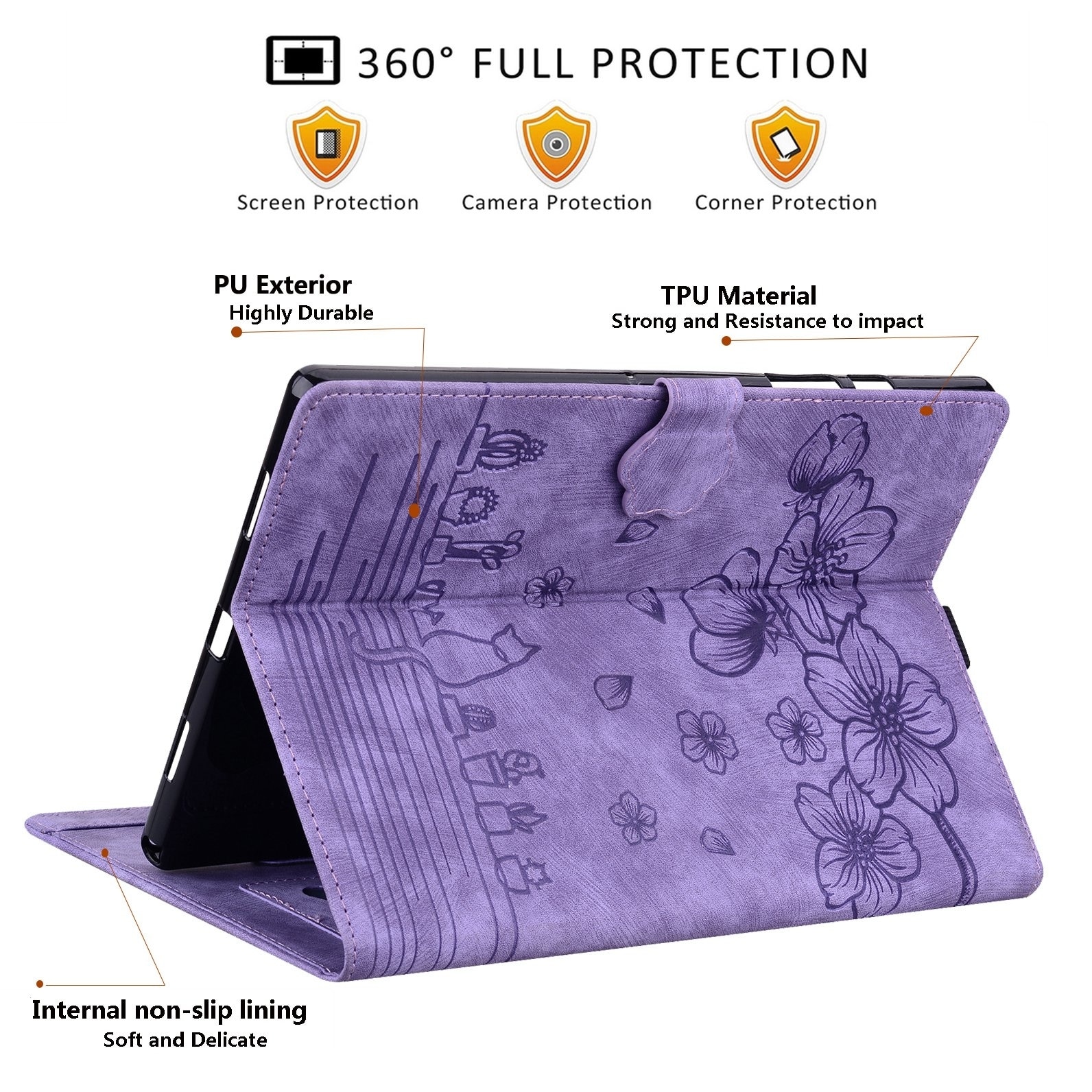 Husa tableta pentru Amazon Kindle Paperwhite 12th 2024, piele embosata cu design de pisica Sakura, culoare mov