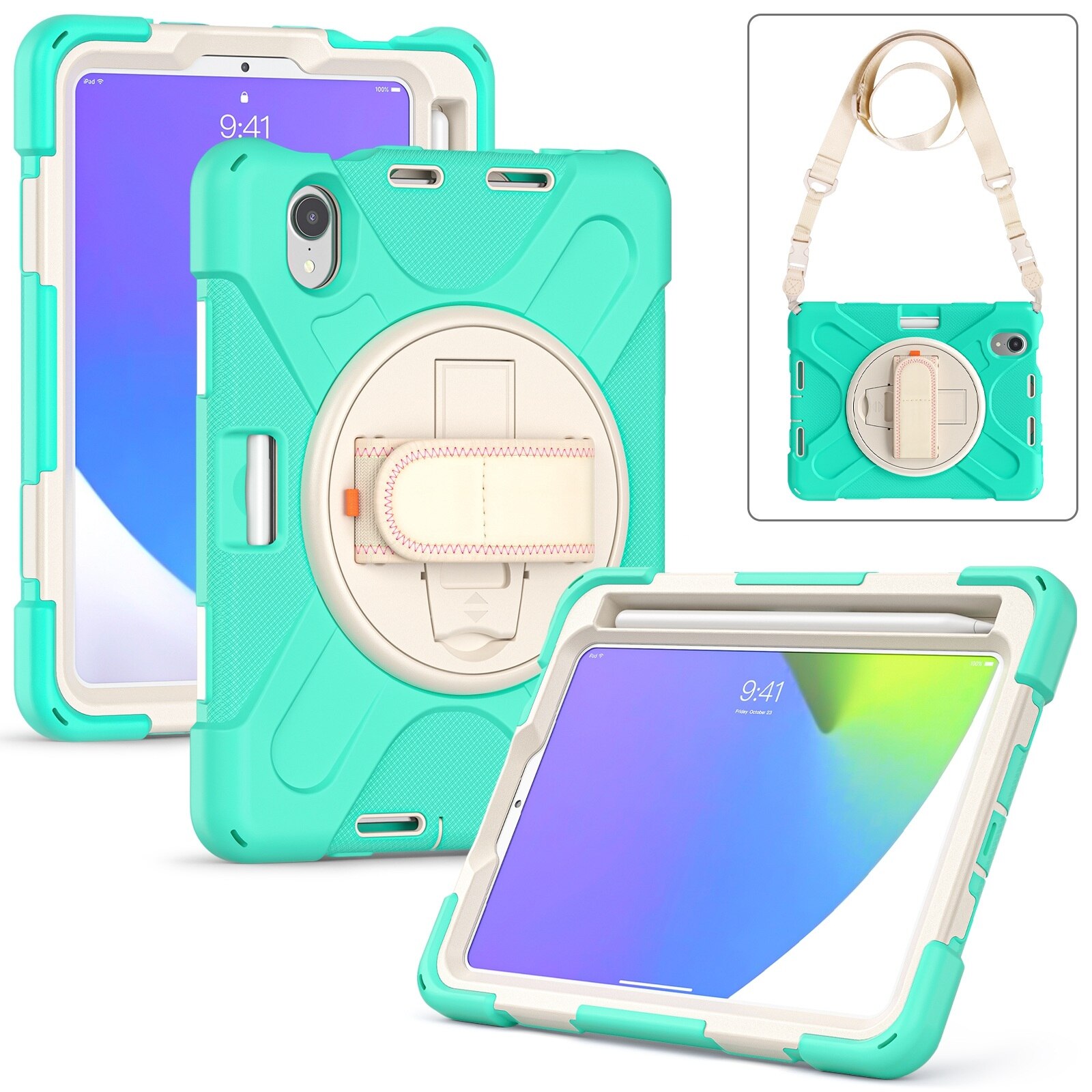 Husa tableta compatibila cu iPad Mini 6, Grip Holder & Shoulder Strap, Verde menta