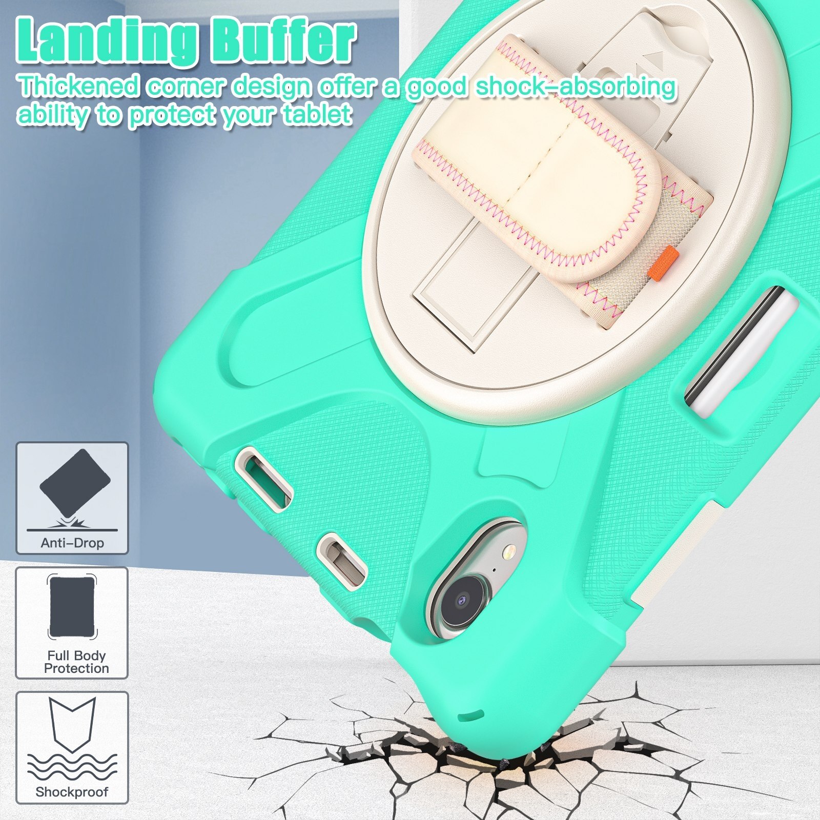 Husa tableta compatibila cu iPad Mini 6, Grip Holder & Shoulder Strap, Verde menta