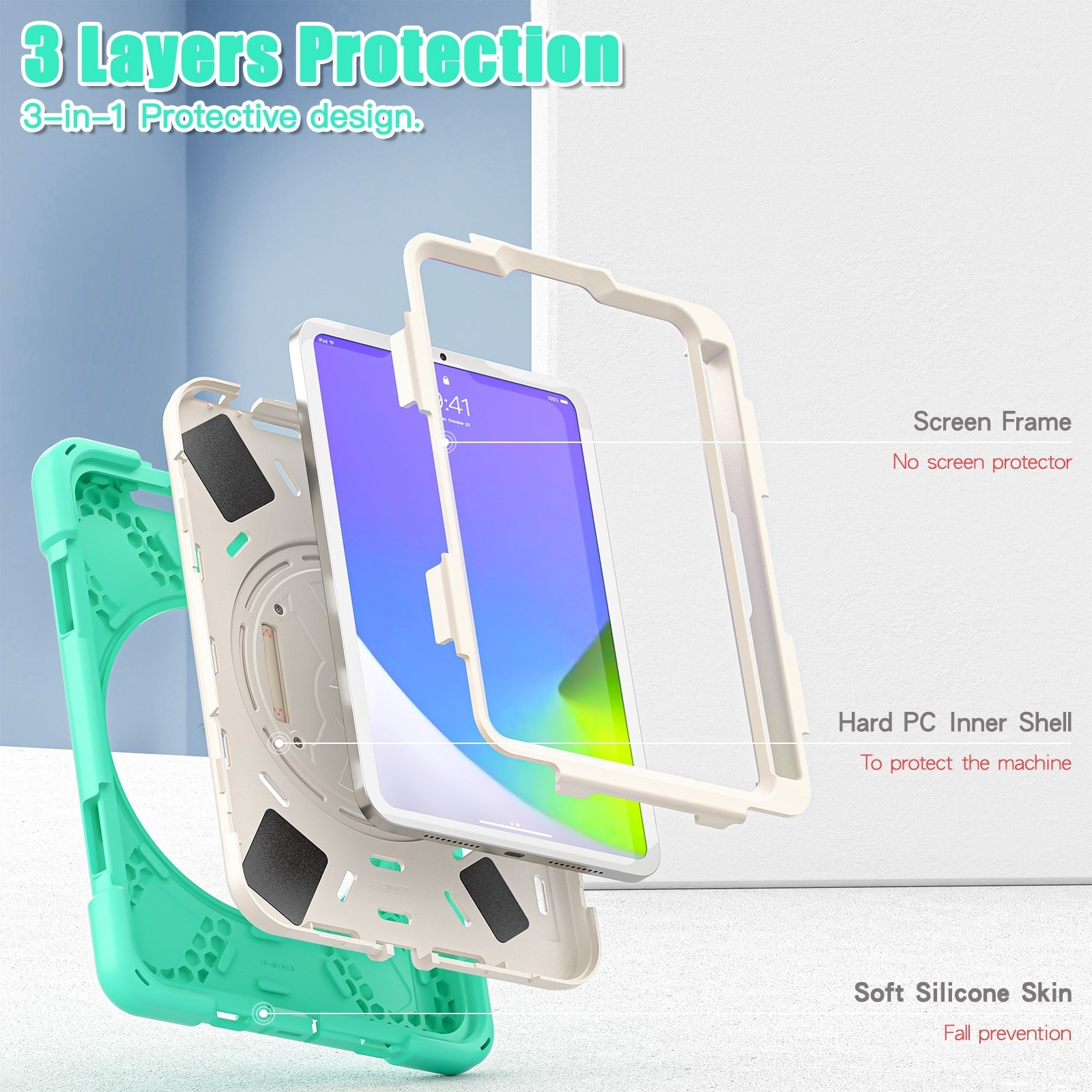 Husa tableta compatibila cu iPad Mini 6, Grip Holder & Shoulder Strap, Verde menta