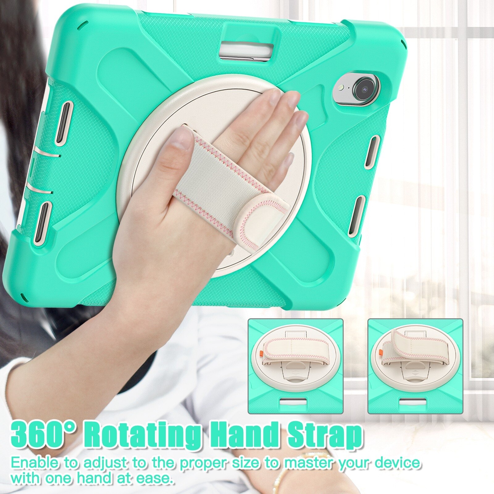 Husa tableta compatibila cu iPad Mini 6, Grip Holder & Shoulder Strap, Verde menta