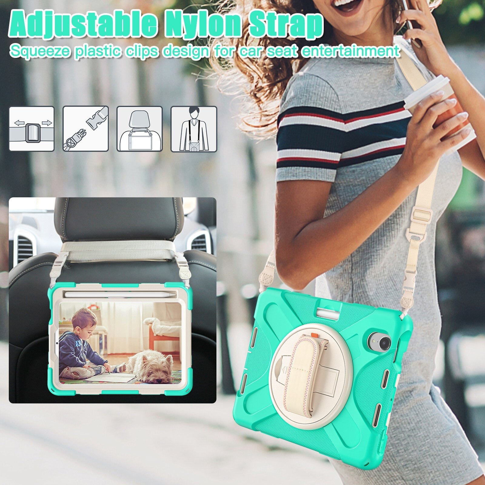 Husa tableta compatibila cu iPad Mini 6, Grip Holder & Shoulder Strap, Verde menta