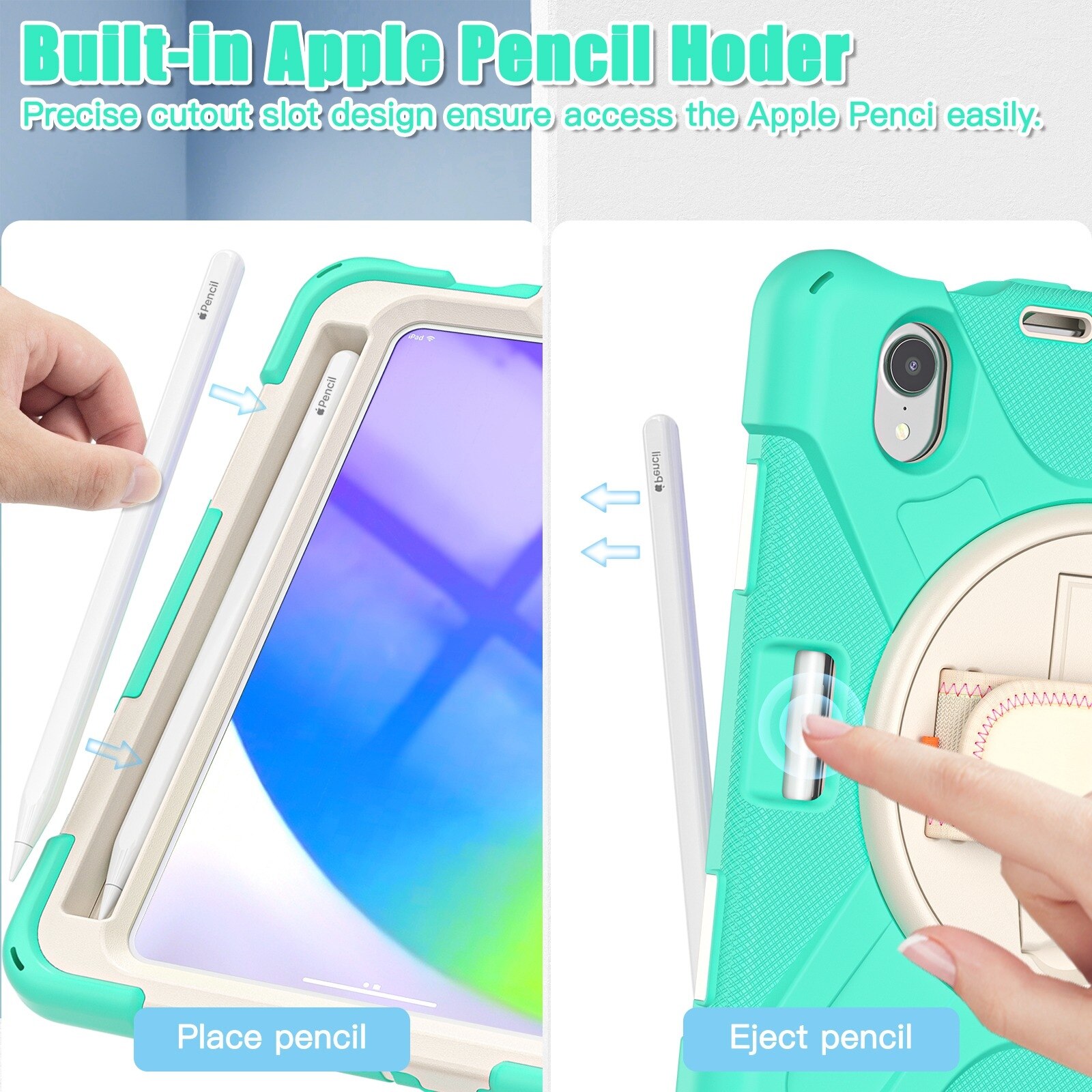 Husa tableta compatibila cu iPad Mini 6, Grip Holder & Shoulder Strap, Verde menta