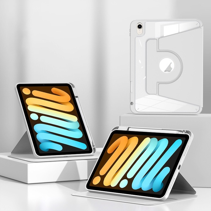 Husa tableta compatibila cu iPad Mini 6, Inchidere magnetica, Piele divizata, Slot pentru pix, Bianca)