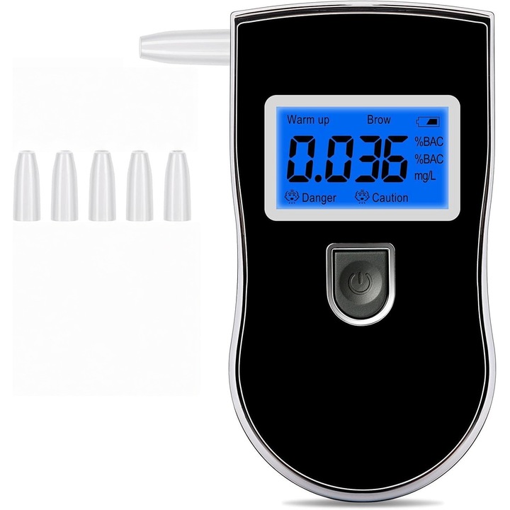 Tester alcoolemie Zree, Etilotest, Digital, Functie de Memorare, 5 mustiuc-uri incluse, Calibrare Automata, Recunoastere Suflat Fals, Analiza Rapida, Mustiuc-uri incluse, Display Digital LCD, Negru