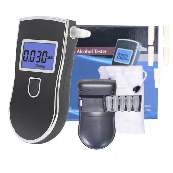 Tester alcoolemie Zree, Etilotest, Digital, Functie de Memorare, 5 mustiuc-uri incluse, Calibrare Automata, Recunoastere Suflat Fals, Analiza Rapida, Mustiuc-uri incluse, Display Digital LCD, Negru