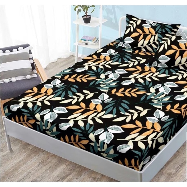 Husa de pat si fete de perna, Finet, 3 piese, 2 persoana, 180x200cm, imprimeu, frunze, multicolor