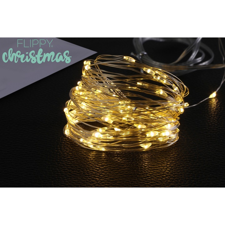 Karácsonyi fények, 10 méter, 100 LED, meleg fehér, 8 funkciós távirányító, USB, rézvezeték, lineáris, beltéri/kültéri