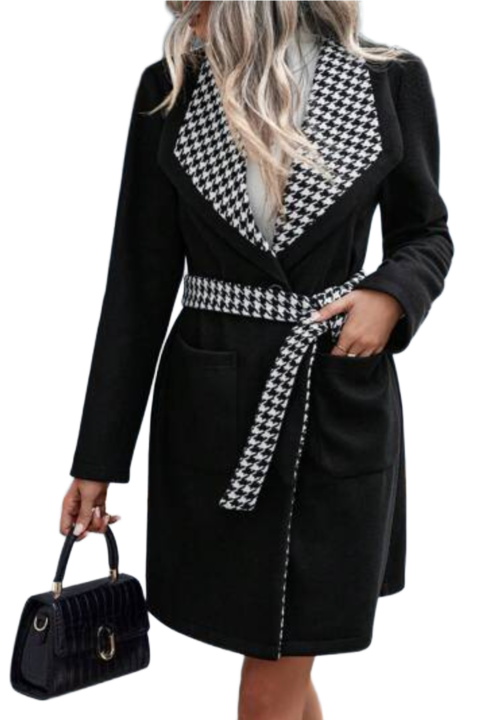 Palton din stofa carouri, Alb/Negru