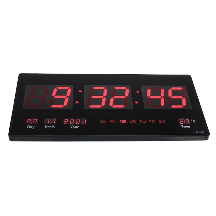 Стенен часовник, Цифров, LED дисплей, 12/24 часа, Календар и температура, Черен