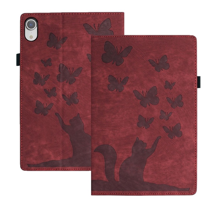 Husa tableta compatibila cu iPad Mini 2024/2021, Butterfly Cat Embossing, Piele Rosie