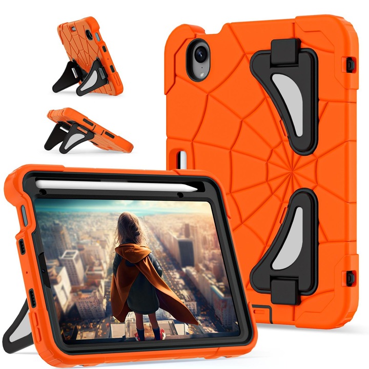 Husa tableta compatibila cu iPad Mini 6, Silicon + PC, Shockproof, Portocaliu-Negru