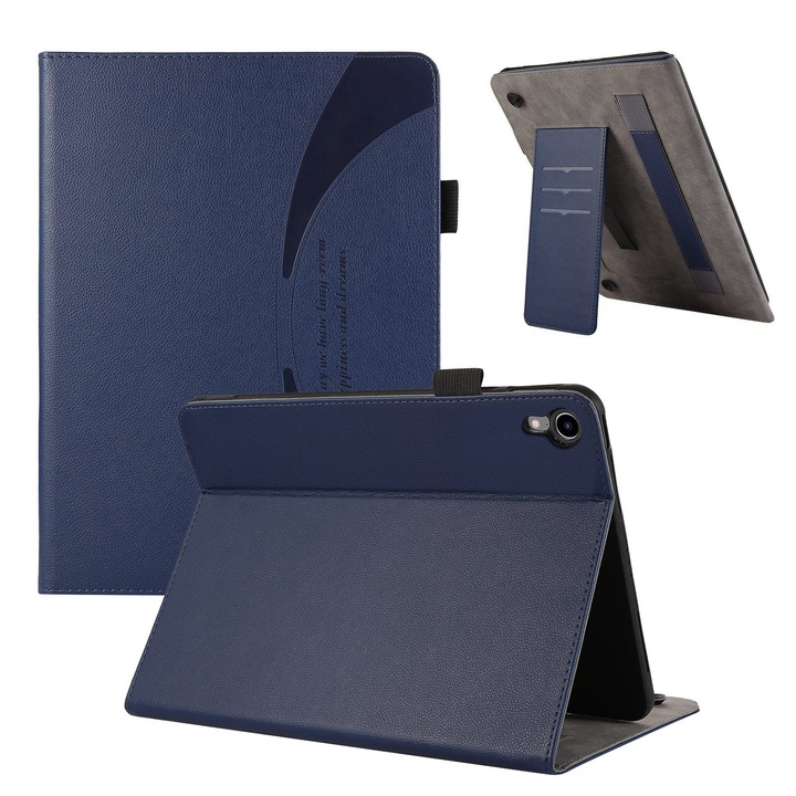 Husa tableta compatibila cu iPad Mini 6, Piele textura Litchi, Ventuza, Albastru inchis