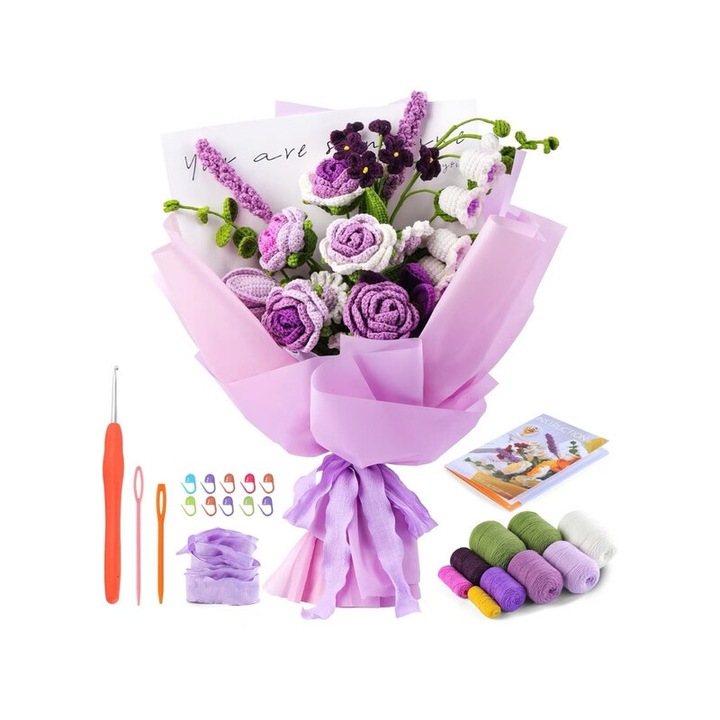 Комплект за плетене на една кука за начинаещи, букет от лилави цветя, „Направи си сам“, многоцветен