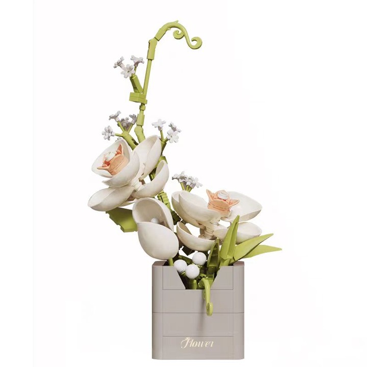 Конструктор за деца и възрастни, Бонсай орхидея, Направи си сам, Саксийно цвете, Творческа релаксация и осъзнатост, Декорация за дома, 231 части, Подарък за деца и възрастни, Бял