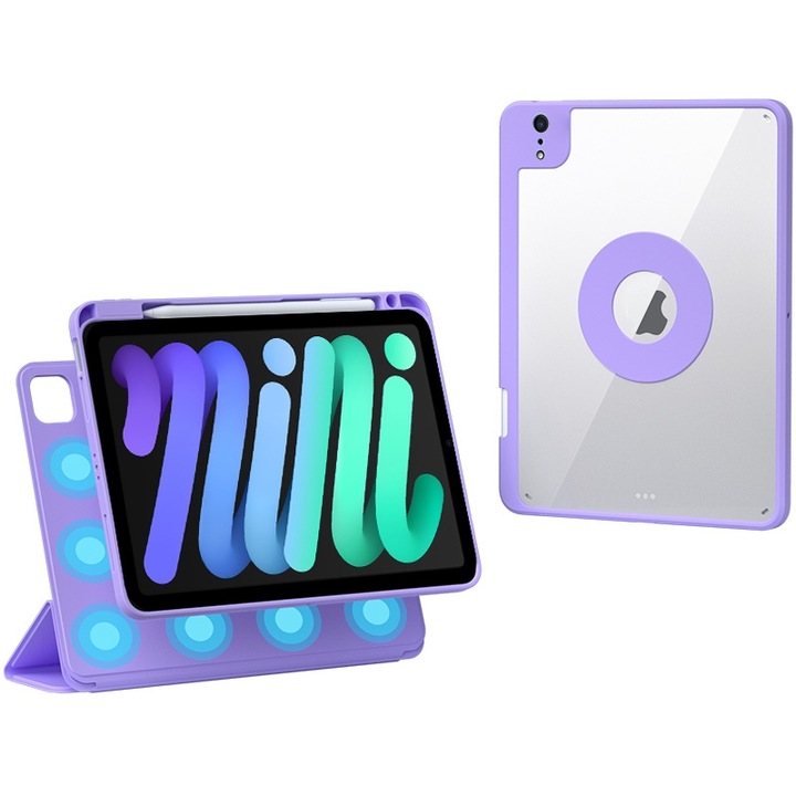 Husa tableta compatibila cu iPad Mini 6, Rotativa, Inchidere magnetica, Slot pix, Mov
