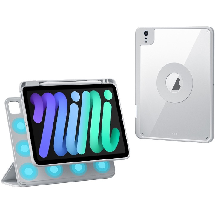 Husa tableta compatibila cu iPad Mini 6, Inchidere magnetica, Detasabila, Slot pentru pix, Gri Argintiu)