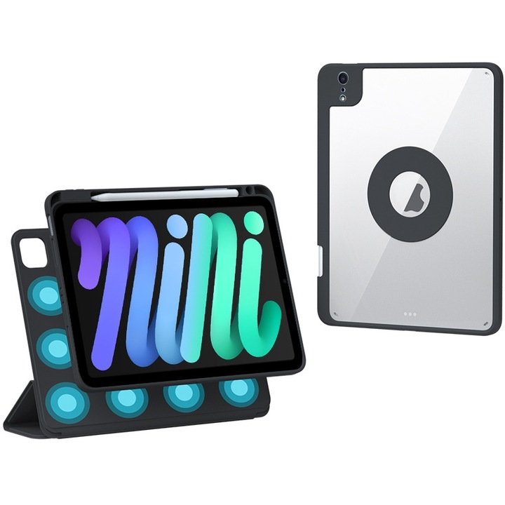 Husa tableta compatibila cu iPad Mini 6, Rotativa, Inchidere magnetica, Slot pentru pix, Neagra)