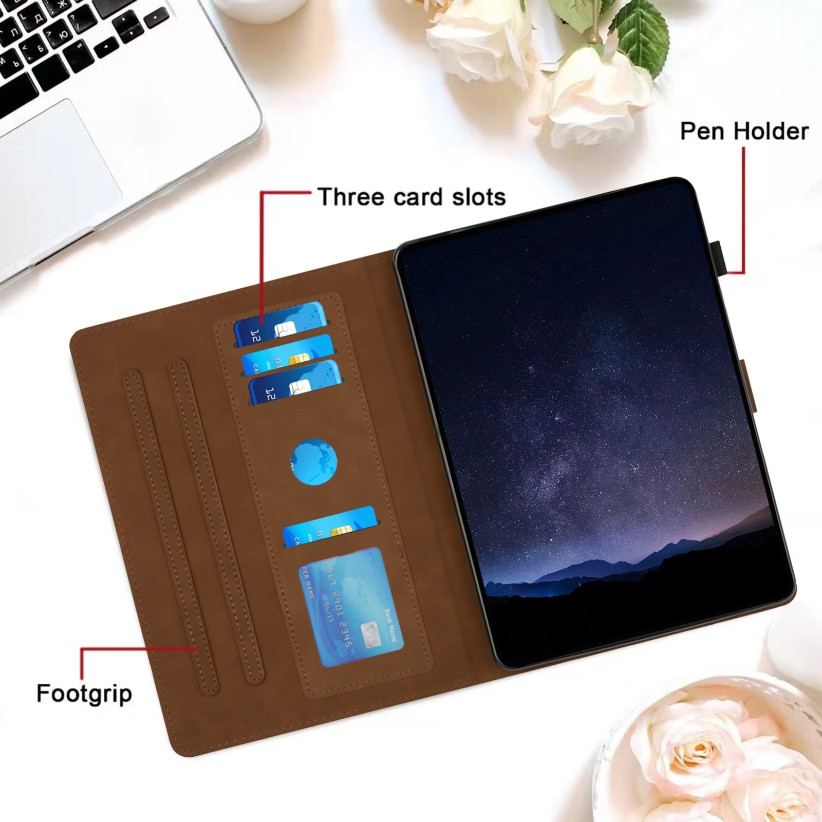 Husa tableta pentru Huawei MatePad T10, piele embosata tip fagure de miere, capac cartier cu suport, maro