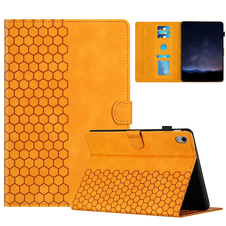 Husa tableta compatibila cu iPad Mini 6, Piele Embosata Honeycomb, Galben