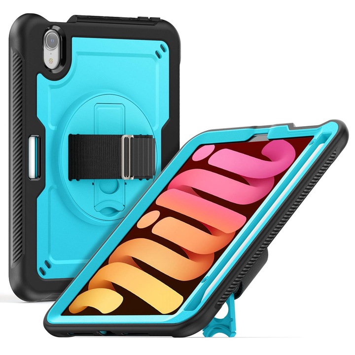 Husa tableta compatibila cu iPad Mini 6, Honeycomb Grip, Suport rotativ, Albastru deschis