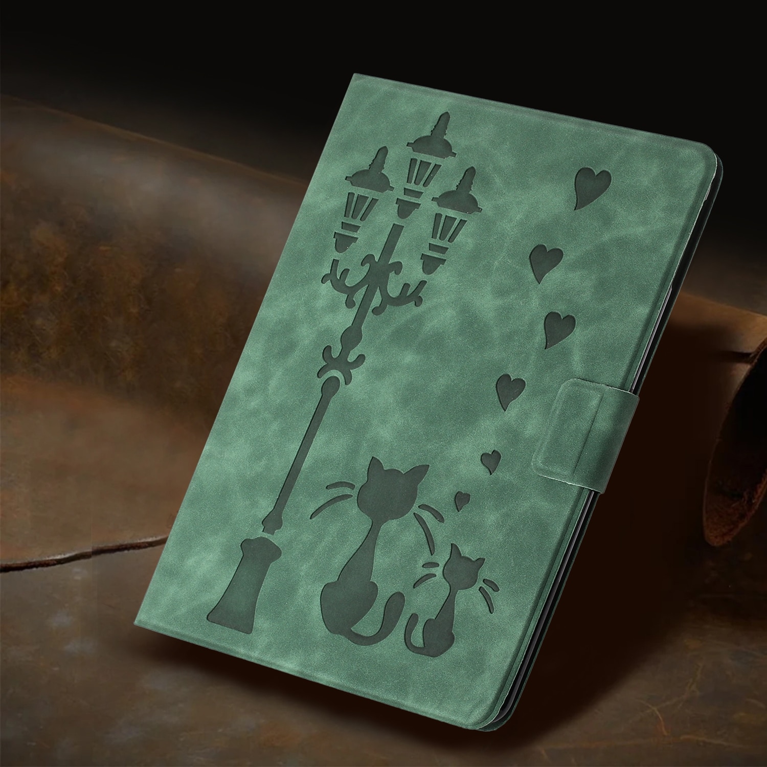 Husa tableta compatibila cu Samsung Galaxy Tab A9+, piele ecologica, tip carte, cu desen de pisici, verde