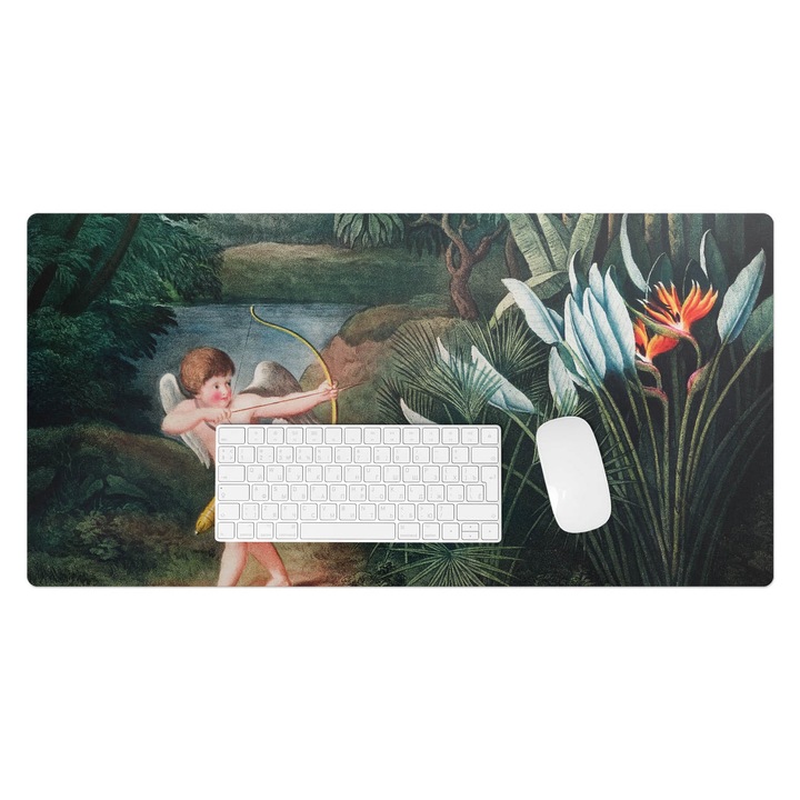 Mapa birou, Wallfluent, Cupidon printre flori, Verde, 90x45 cm, 010250300040100282720