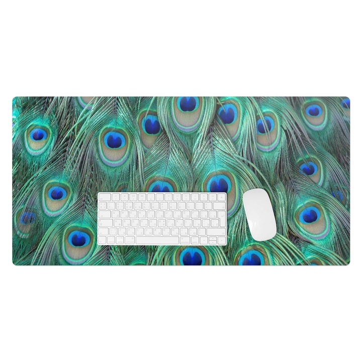 Mapa de birou, Wallfluent, Model cu pene de paun, Turcoaz, 90x45 cm, 010250300040100282820