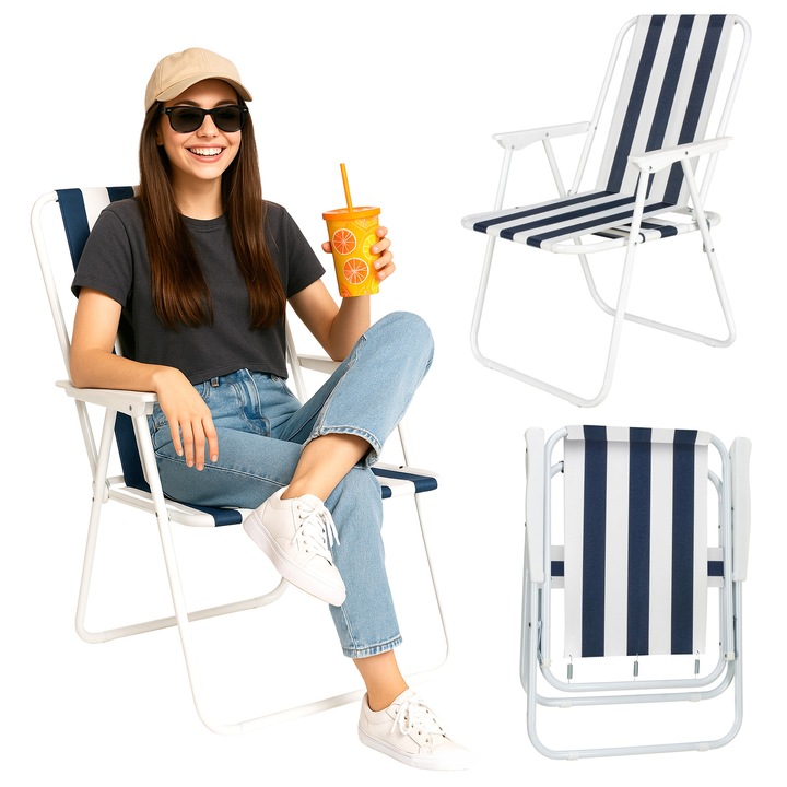 Scaun turistic, plaja, Outtec, alb-albastru, 76x52x52cm, 1,8kg