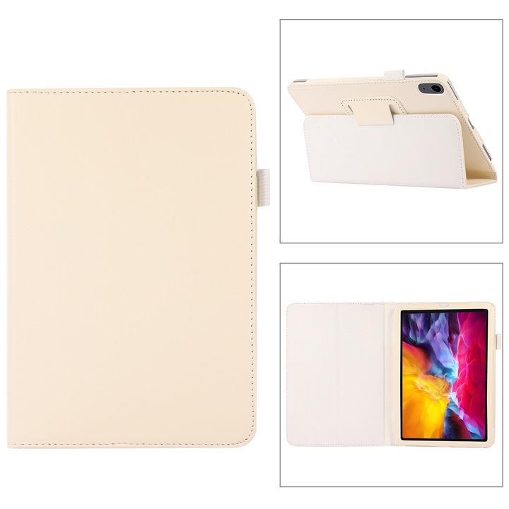 Husa tableta compatibila cu iPad Mini 6, Textura Litchi, Suport, Alb