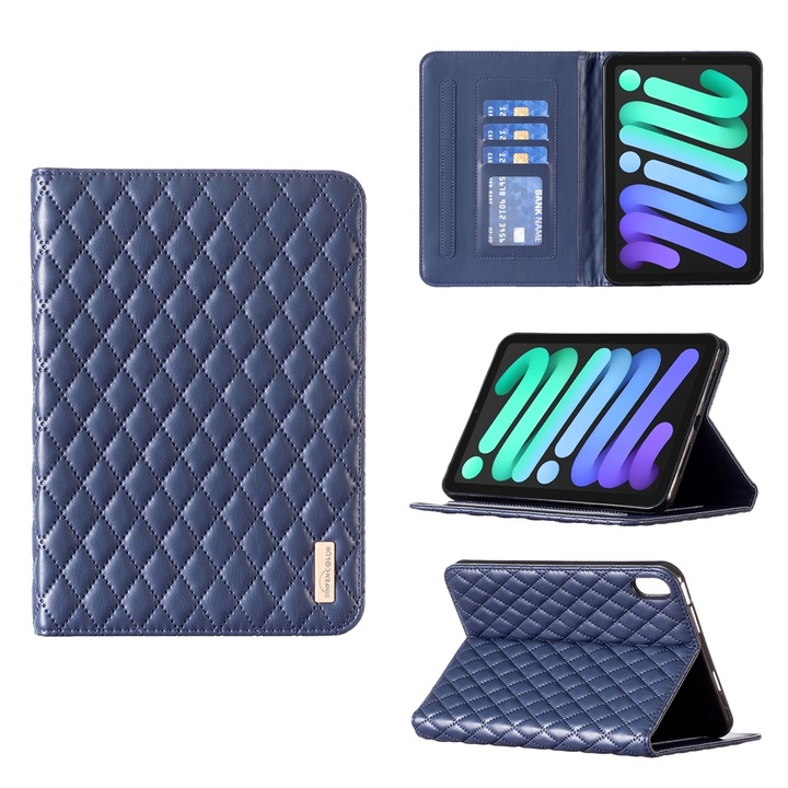 Husa tableta compatibila cu iPad Mini 6, Textura rombica eleganta, Husa piele, Albastru
